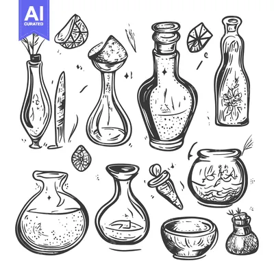 Popular premium asset: Hand-Drawn Sketch of Glass Bottles and Vases Filled with Liquid and He
