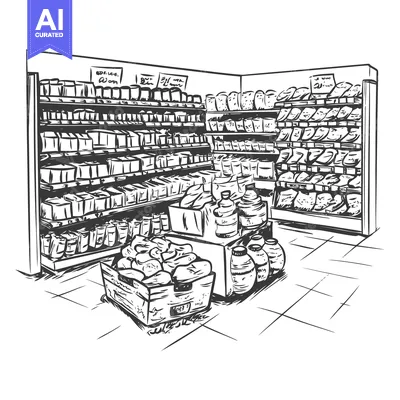Aset premium populer: A Hand-Drawn Sketch of a Grocery Store Aisle with Shelves Stocked with
