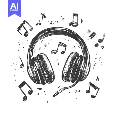 Aset premium populer: Hand-drawn sketch of headphones with musical notes surrounding them