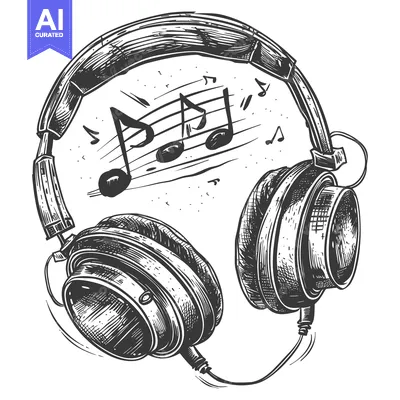 Aset desain premium: Hand-Drawn Sketch of Headphones with Music Notes
