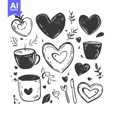 Premium design asset: Hand-drawn Sketch of Hearts, Coffee Cups, and Floral Elements