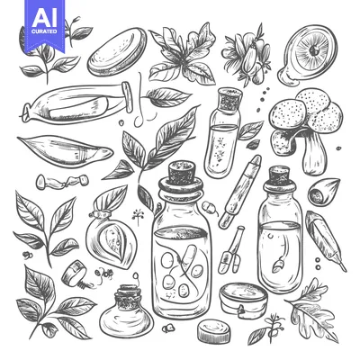 Aset premium populer: Hand-Drawn Sketch of Herbal Ingredients and Essential Oil Bottles