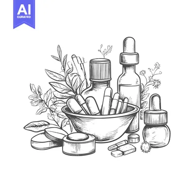 Hand-drawn sketch of herbal medicine with bottles, capsules, and leave