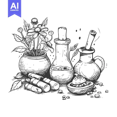 Aset premium populer: Hand-drawn sketch of herbal remedies with flowers, bottles, and pills