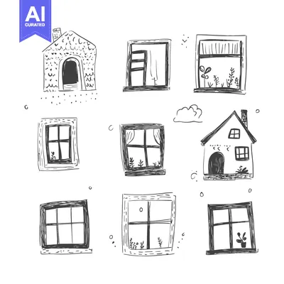 Aset premium populer: Hand-drawn Sketch of Houses with Windows and a Cloud