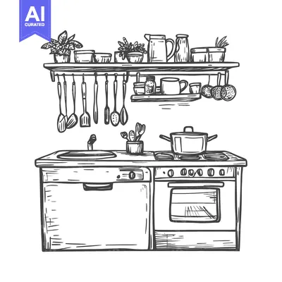 Aset premium populer: Hand-drawn Sketch of a Kitchen Stove, Sink, and Cabinet with Utensils,