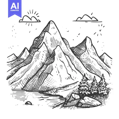 Aset premium populer: Hand-Drawn Sketch of Majestic Mountain Range with Lake and Pine Trees