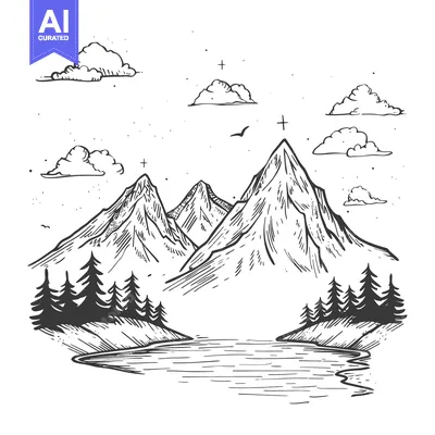 Aset premium populer: Hand-Drawn Sketch of Majestic Mountains, Trees, and a River in a Seren