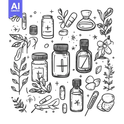 Premium design asset: Hand-Drawn Sketch of Medicinal Herbs, Pills, and Bottles
