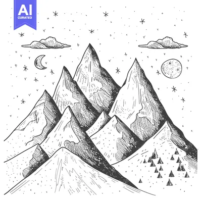 Aset desain premium: Hand-Drawn Sketch of Mountain Range Under a Starry Night Sky