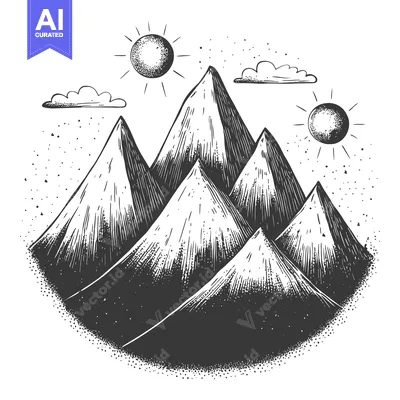 Aset desain premium: Hand-drawn sketch of mountain range with two suns and clouds