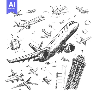 Aset premium populer: Hand-drawn sketch of multiple airplanes flying over a city skyline