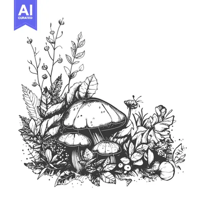 Premium design asset: Hand-Drawn Sketch of Mushrooms and Foliage in Black and White