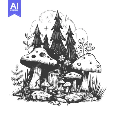 Premium design asset: Hand-Drawn Sketch of Mushrooms and Trees in a Forest Setting