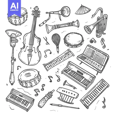 Aset premium populer: Hand-Drawn Sketch of Musical Instruments and Notes