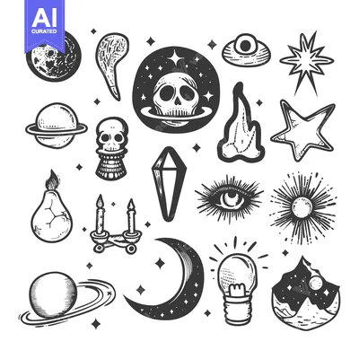 Aset desain premium: Hand-Drawn Sketch of Mystical and Cosmic Symbols