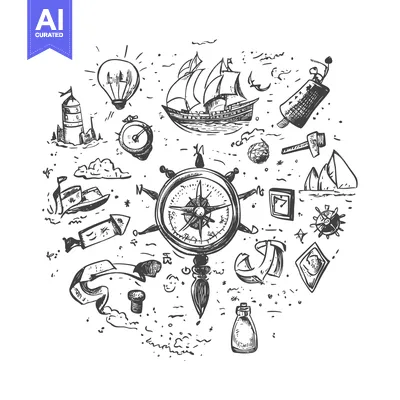 Aset premium populer: Hand-Drawn Sketch of Nautical Elements with a Compass at the Center