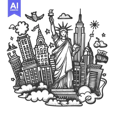 Aset desain premium: Hand Drawn Sketch of New York City Skyline with the Statue of Liberty