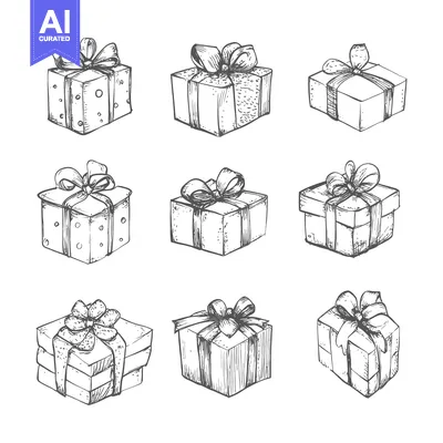 Aset desain premium: Hand-Drawn Sketch of Nine Gift Boxes with Ribbons