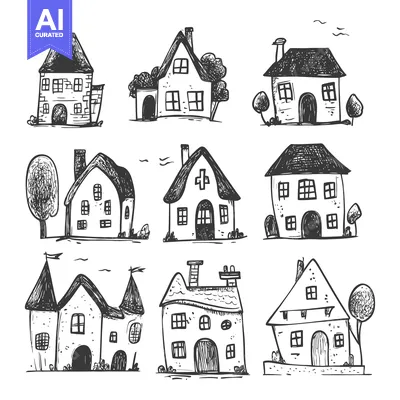 Aset premium populer: Hand-Drawn Sketch of Nine Unique Houses with Simple Details