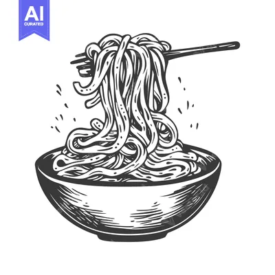 Aset premium populer: Hand-drawn sketch of noodles being lifted from a bowl with a fork