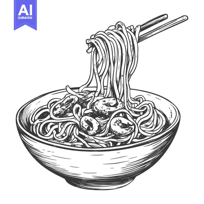 Premium design asset: Hand Drawn Sketch of Noodles in a Bowl with Chopsticks