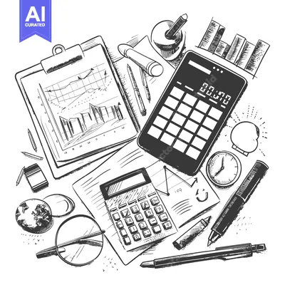 Aset desain premium: Hand-drawn Sketch of Office Supplies and Business Charts
