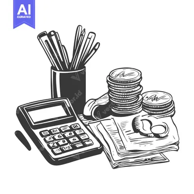 Aset desain premium: Hand-drawn Sketch of Office Supplies and Coins