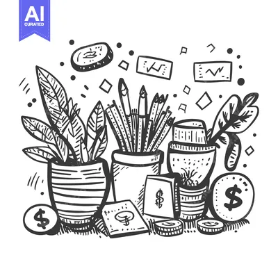 Aset desain premium: Hand-drawn Sketch of Office Supplies and Money with Plants