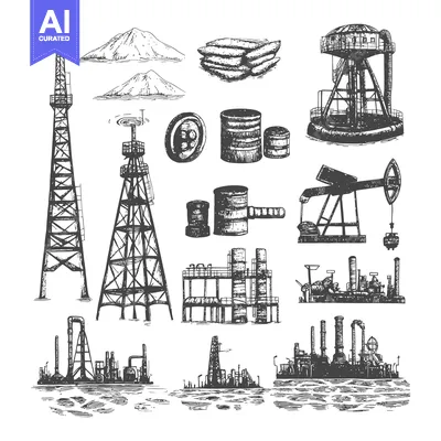 Aset desain premium: Hand-Drawn Sketch of Oil Industry Equipment and Structures