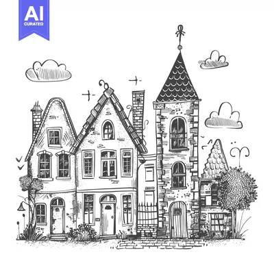 Premium design asset: Hand-Drawn Sketch of Old Brick Buildings with a Tower and Clouds