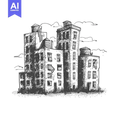Aset desain premium: Hand-drawn Sketch of Old Buildings with Windows and Cloudy Sky