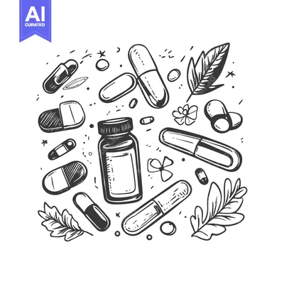 Premium design asset: Hand-Drawn Sketch of Pills, Bottle, and Leaves