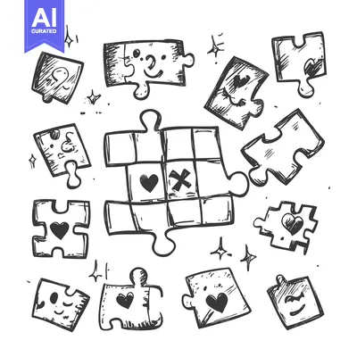 Popular premium asset: Hand-drawn sketch of puzzle pieces with hearts and smiley faces