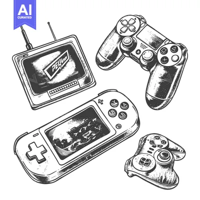 Aset desain premium: Hand-drawn sketch of retro and modern game consoles and controllers