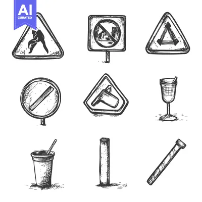 Aset desain premium: Hand-Drawn Sketch of Road Signs, Drinks, and Objects