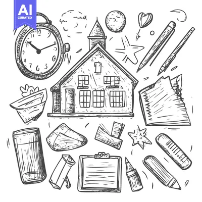 Aset desain premium: Hand-Drawn Sketch of School Supplies and a Schoolhouse