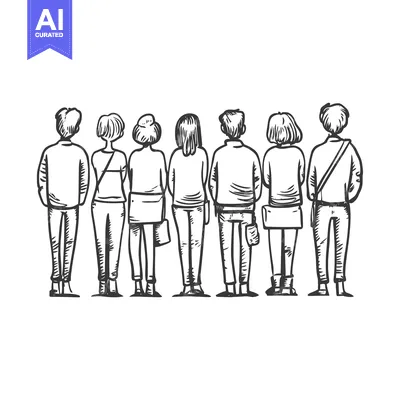 Aset desain premium: Hand-drawn sketch of seven people standing back-to-back