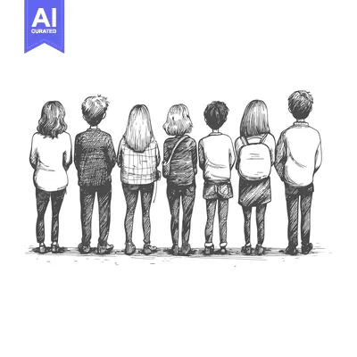 Premium design asset: Hand-drawn sketch of seven people standing in a row with their backs t