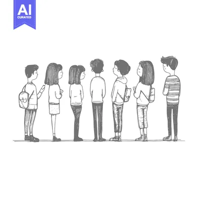 Aset premium populer: Hand-drawn Sketch of Seven People Standing in Line