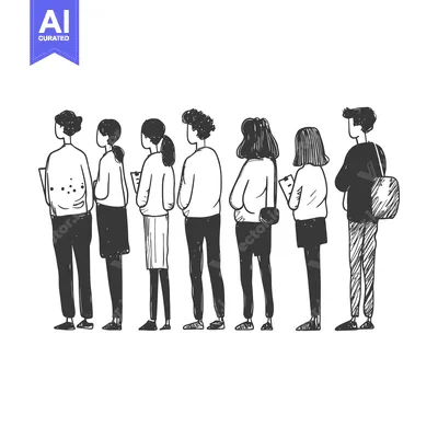 Premium design asset: Hand-drawn sketch of seven people standing in line, facing away from t