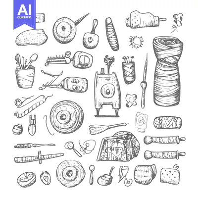 Hand-drawn Sketch of Sewing and Crafting Supplies