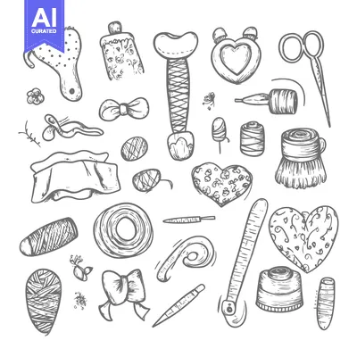 Aset desain premium: Hand-Drawn Sketch of Sewing Supplies and Accessories