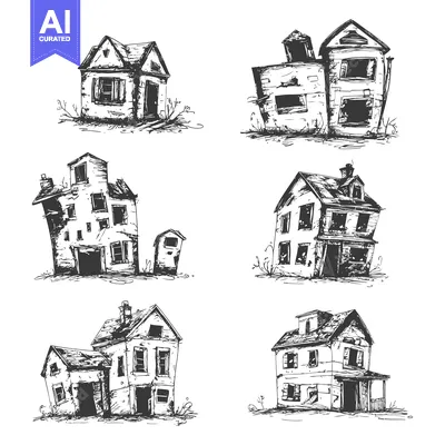 Hand-Drawn Sketch of Six Dilapidated Buildings