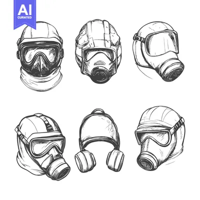 Aset desain premium: Hand-Drawn Sketch of Six Gas Masks in Different Perspectives
