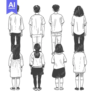 Aset premium populer: Hand-drawn sketch of six individuals standing in a line, facing away f