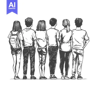 Aset desain premium: Hand-drawn Sketch of Six People Standing in a Line