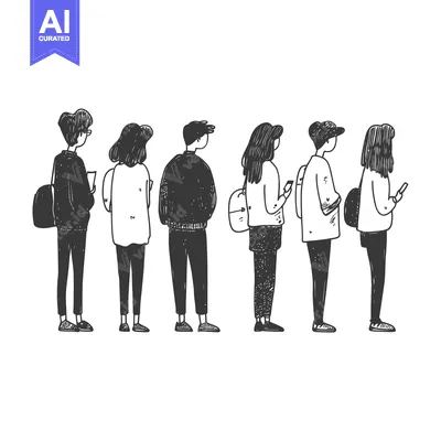 Aset premium populer: Hand-drawn sketch of six people standing in line