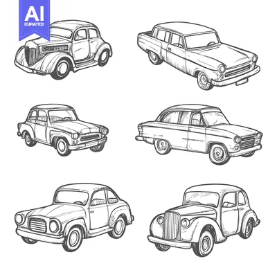 Hand-drawn Sketch of Six Vintage Cars