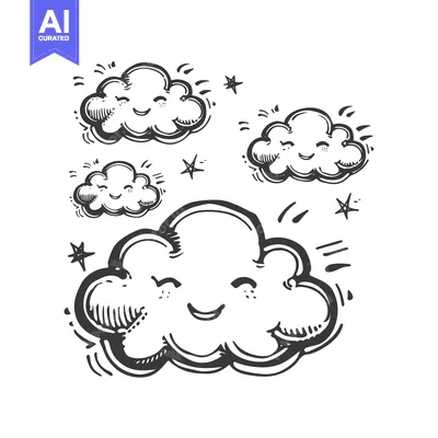 Aset desain premium: Hand-Drawn Sketch of Smiling Clouds with Stars